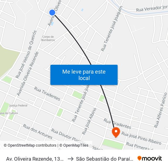 Av. Oliveira Rezende, 1397 to São Sebastião do Paraíso map