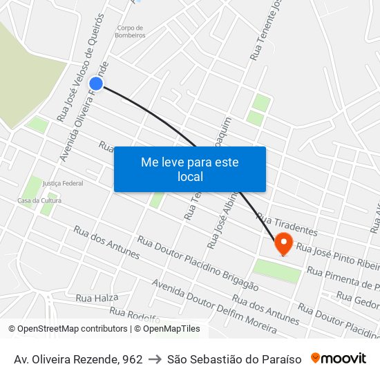 Av. Oliveira Rezende, 962 to São Sebastião do Paraíso map