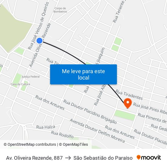 Av. Oliveira Rezende, 887 to São Sebastião do Paraíso map