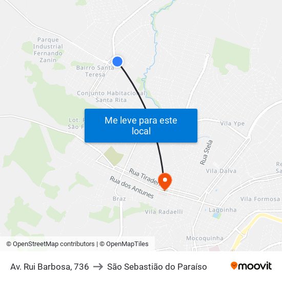 Av. Rui Barbosa, 736 to São Sebastião do Paraíso map