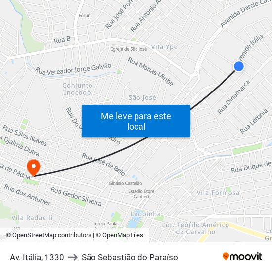 Av. Itália, 1330 to São Sebastião do Paraíso map