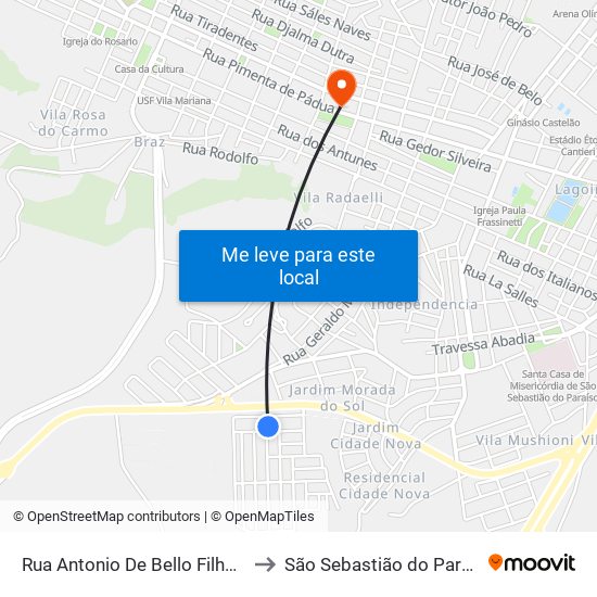 Rua Antonio De Bello Filho, 75 to São Sebastião do Paraíso map