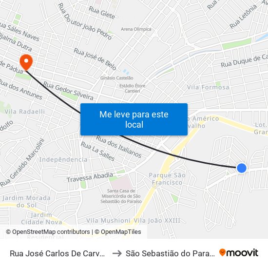 Rua José Carlos De Carvalho to São Sebastião do Paraíso map