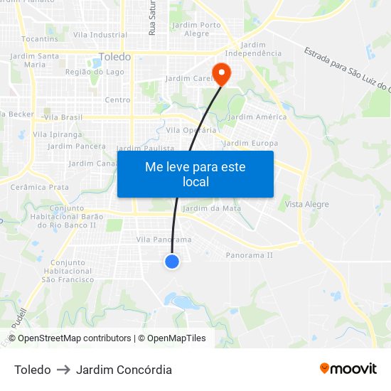 Toledo to Jardim Concórdia map