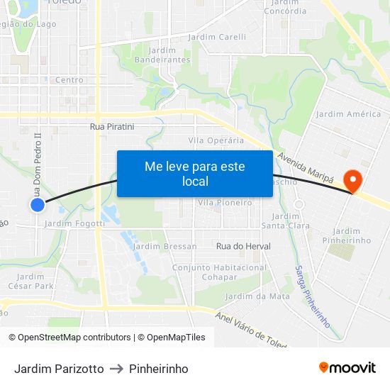 Jardim Parizotto to Pinheirinho map