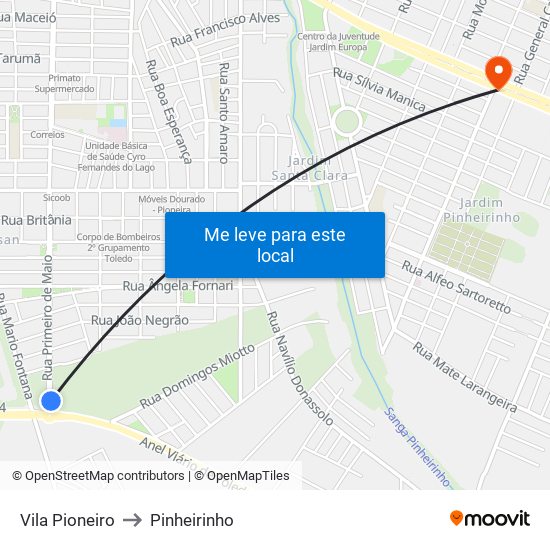 Vila Pioneiro to Pinheirinho map