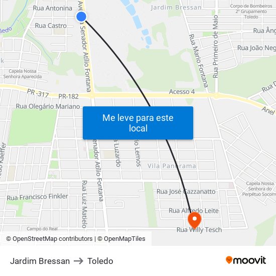 Jardim Bressan to Toledo map