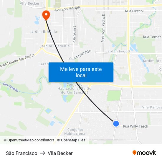 São Francisco to Vila Becker map