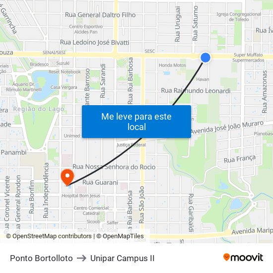 Ponto Bortolloto to Unipar Campus II map