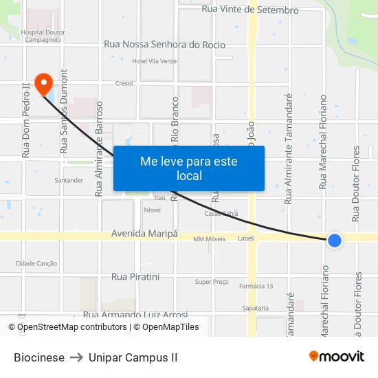 Biocinese to Unipar Campus II map