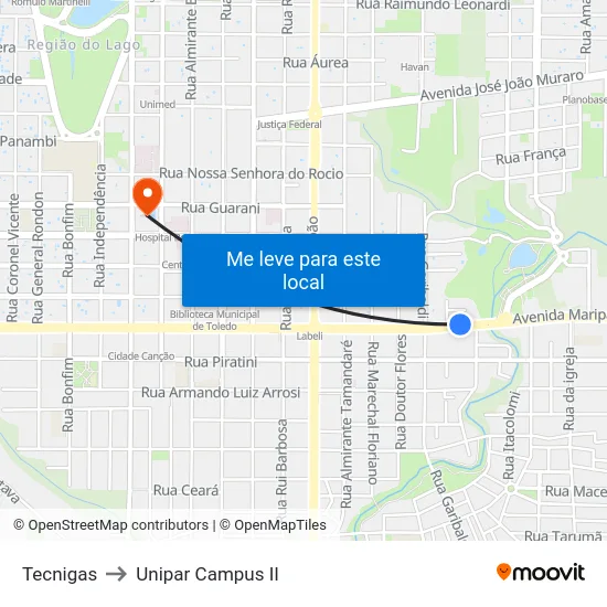 Tecnigas to Unipar Campus II map
