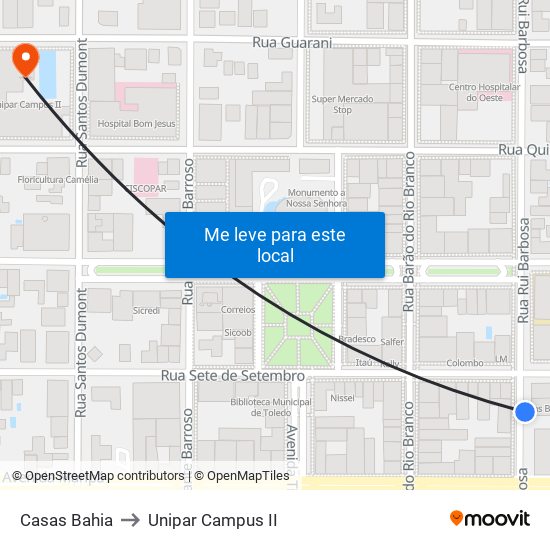 Casas Bahia to Unipar Campus II map