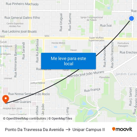 Ponto Da Travressa Da Avenida to Unipar Campus II map