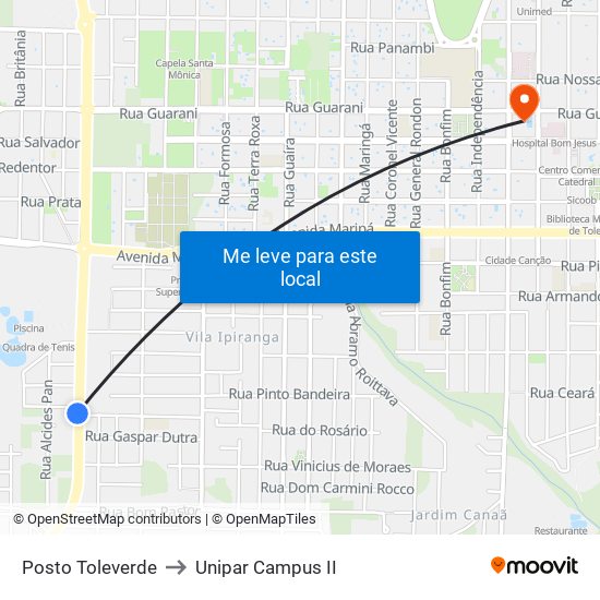 Posto Toleverde to Unipar Campus II map