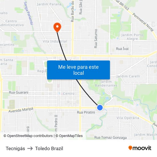 Tecnigás to Toledo Brazil map
