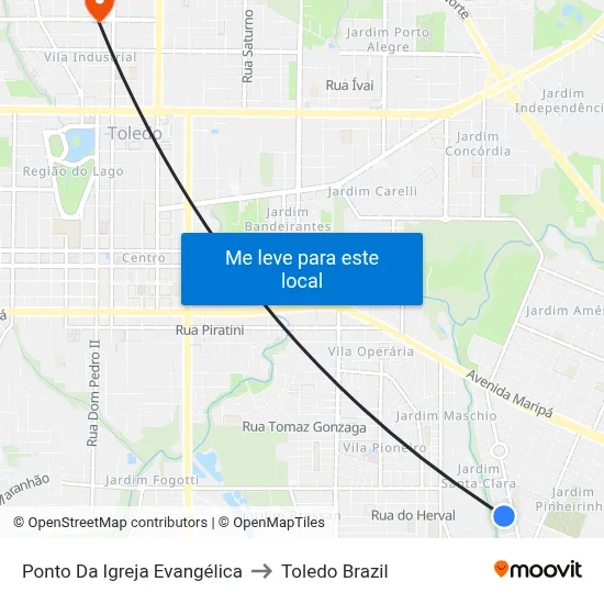 Ponto Da Igreja Evangélica to Toledo Brazil map