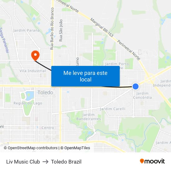 Liv Music Club to Toledo Brazil map