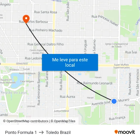 Ponto Formula 1 to Toledo Brazil map