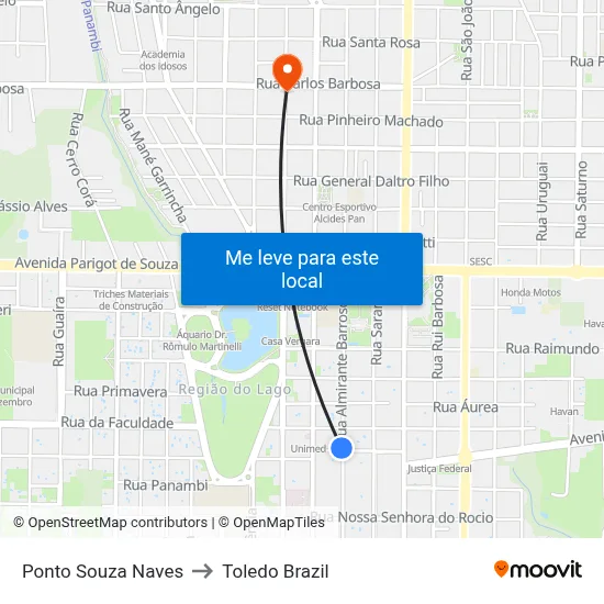 Ponto Souza Naves to Toledo Brazil map