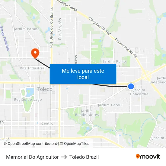 Memorial Do Agricultor to Toledo Brazil map