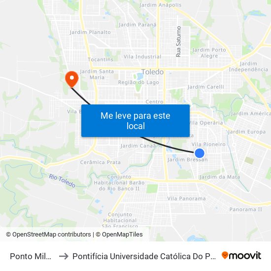 Ponto Milady Modas to Pontifícia Universidade Católica Do Paraná Pucpr - Campus Toledo map