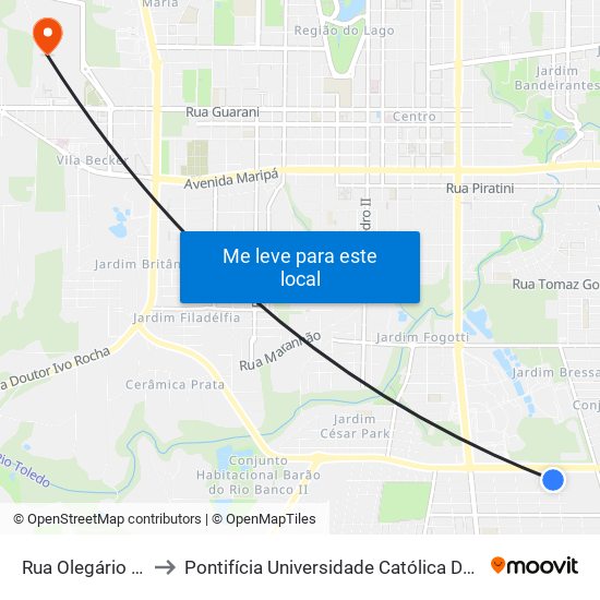 Rua Olegário Mariano, 2405 to Pontifícia Universidade Católica Do Paraná Pucpr - Campus Toledo map