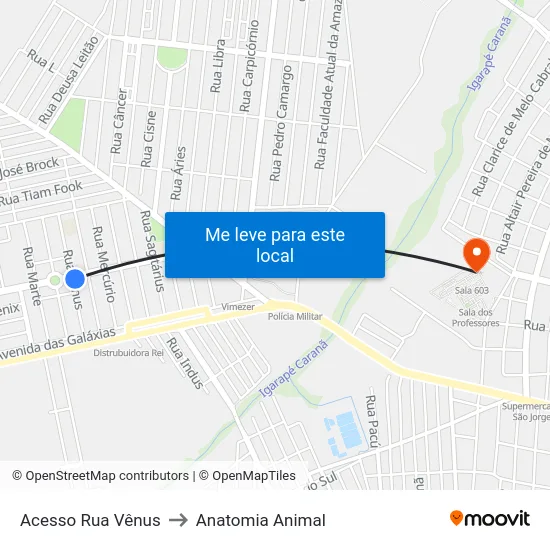 Acesso Rua Vênus to Anatomia Animal map
