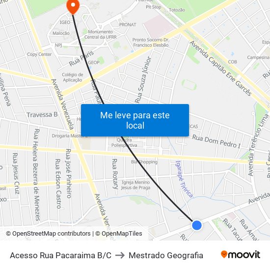 Acesso Rua Pacaraima B/C to Mestrado Geografia map