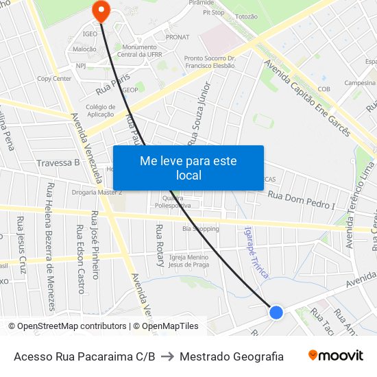 Acesso Rua Pacaraima C/B to Mestrado Geografia map