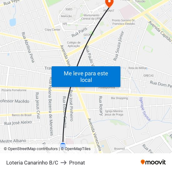 Loteria Canarinho B/C to Pronat map