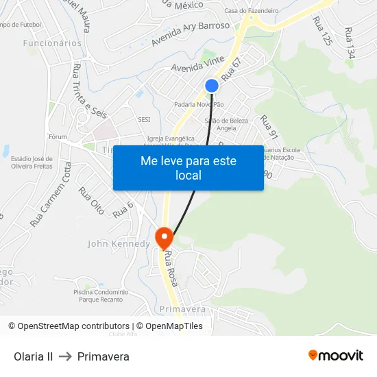 Olaria II to Primavera map