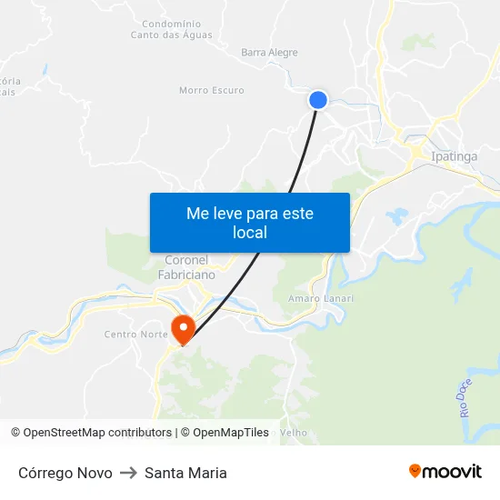 Córrego Novo to Santa Maria map