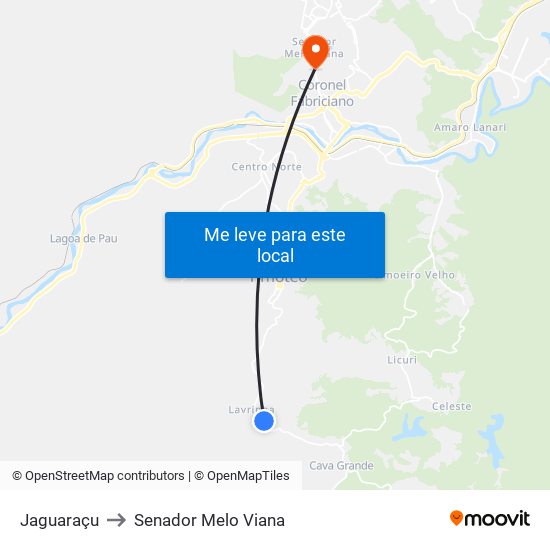 Jaguaraçu to Senador Melo Viana map