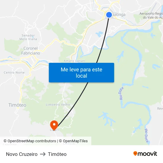 Novo Cruzeiro to Timóteo map