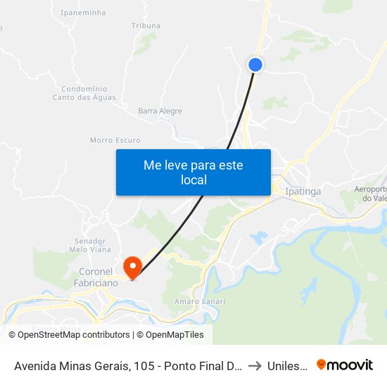 Avenida Minas Gerais, 105 - Ponto Final Da Linha 601/Bethânia to Unileste Mg map