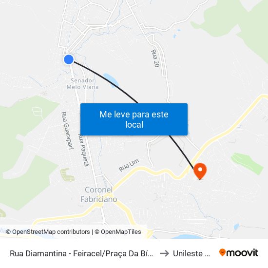 Rua Diamantina - Feiracel/Praça Da Bíblia to Unileste Mg map