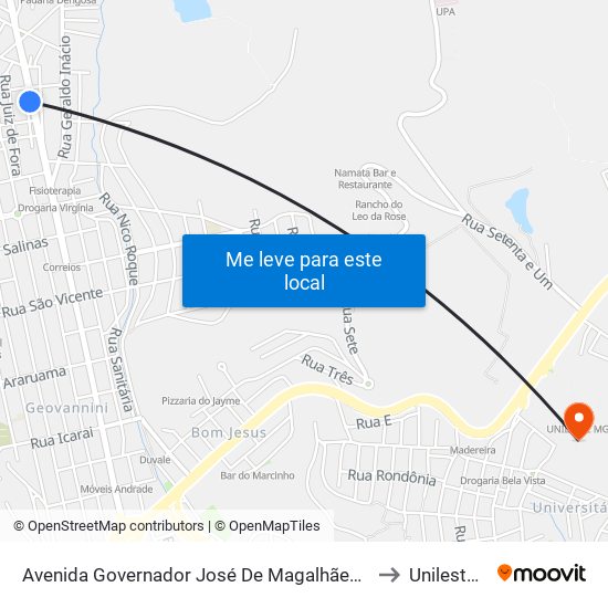 Avenida Governador José De Magalhães Pinto, 2111 to Unileste Mg map