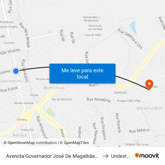 Avenida Governador José De Magalhães Pinto, 1019 to Unileste Mg map
