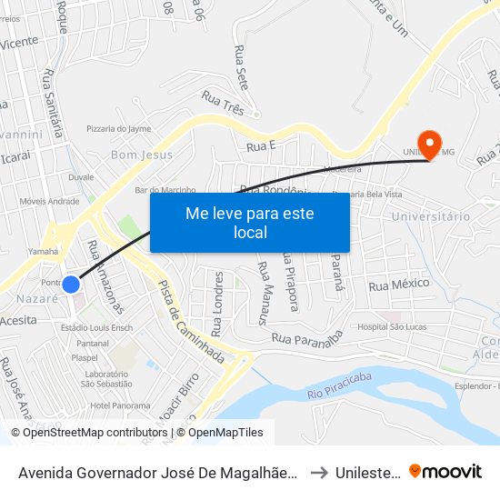 Avenida Governador José De Magalhães Pinto, 134 to Unileste Mg map
