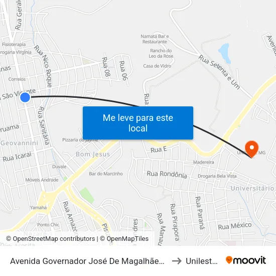 Avenida Governador José De Magalhães Pinto, 1288 to Unileste Mg map