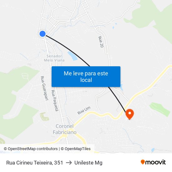 Rua Cirineu Teixeira, 351 to Unileste Mg map