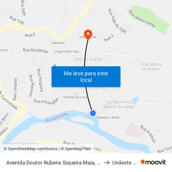 Avenida Doutor Rubens Siqueira Maia, 1244 to Unileste Mg map