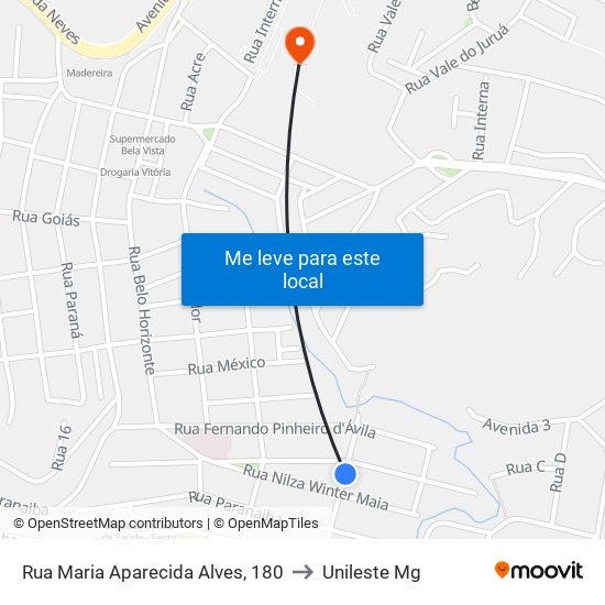 Rua Maria Aparecida Alves, 180 to Unileste Mg map