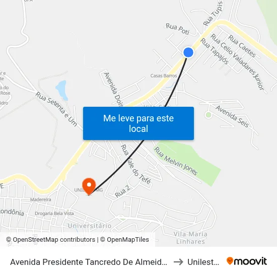 Avenida Presidente Tancredo De Almeida Neves, 4875 to Unileste Mg map