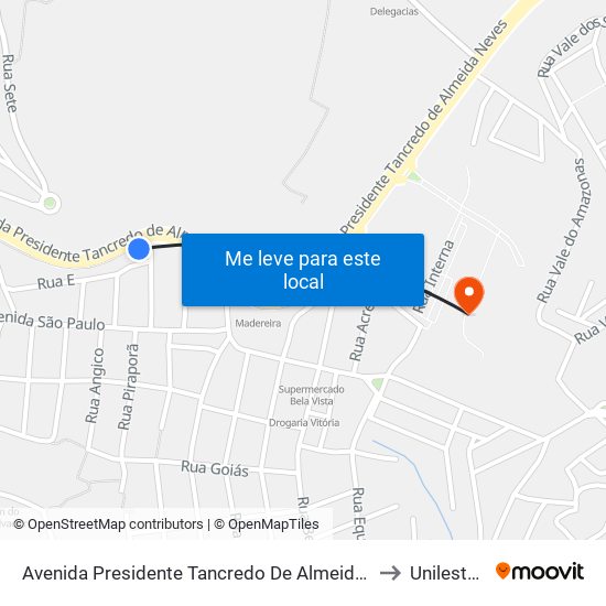 Avenida Presidente Tancredo De Almeida Neves, 2800 to Unileste Mg map