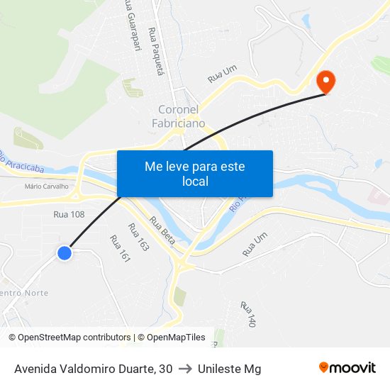 Avenida Valdomiro Duarte, 30 to Unileste Mg map