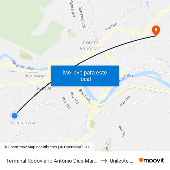 Terminal Rodoviário Antônio Dias Martins to Unileste Mg map