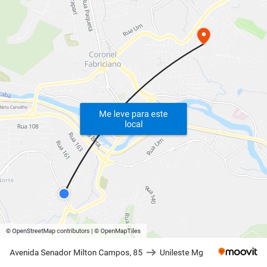 Avenida Senador Milton Campos, 85 to Unileste Mg map