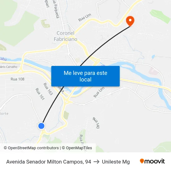 Avenida Senador Milton Campos, 94 to Unileste Mg map