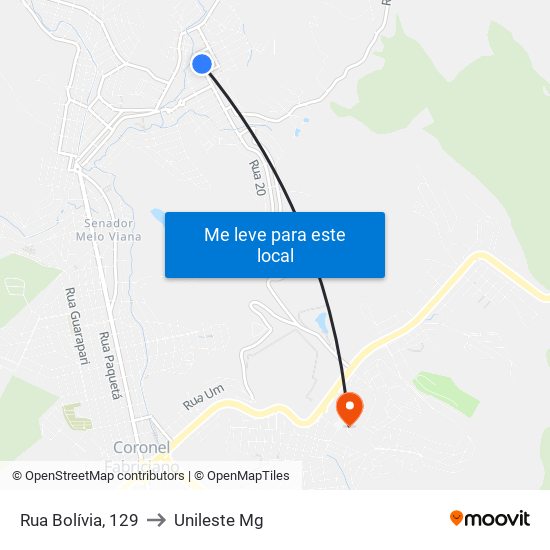 Rua Bolívia, 129 to Unileste Mg map
